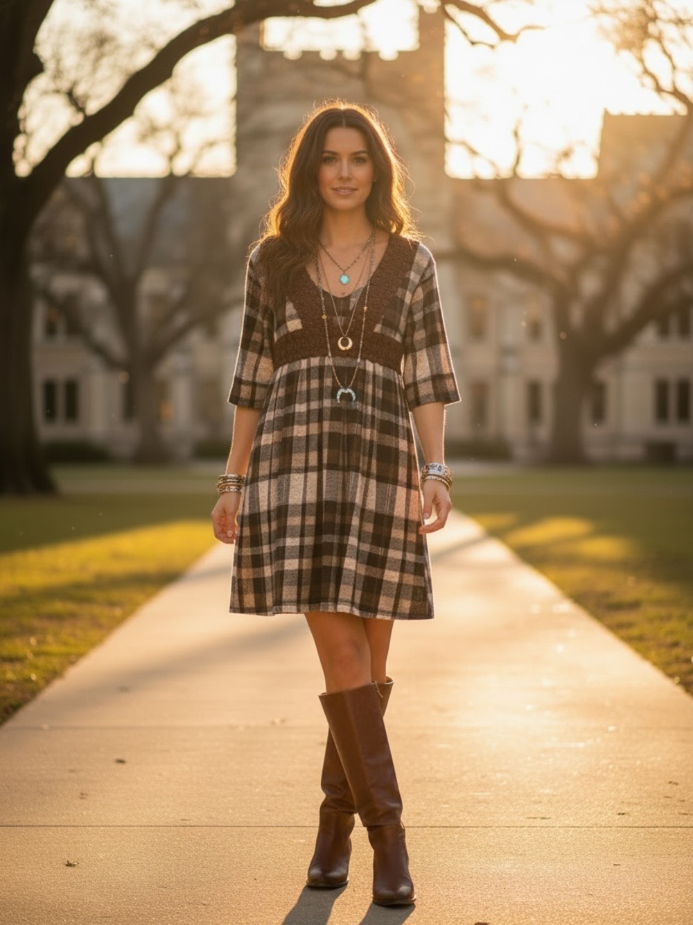 Plaid Babydoll Mini Dress Empire Waist Crochet Neck Lined Pockets Fall Browns S